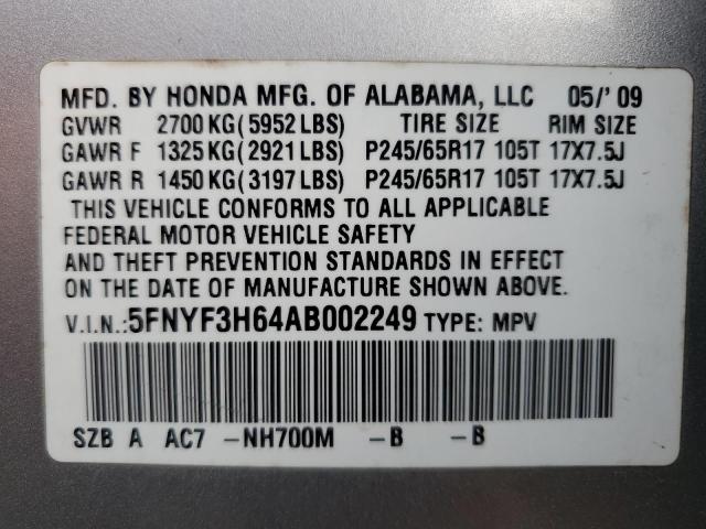 5FNYF3H64AB002249 - 2010 HONDA PILOT EXL SILVER photo 14