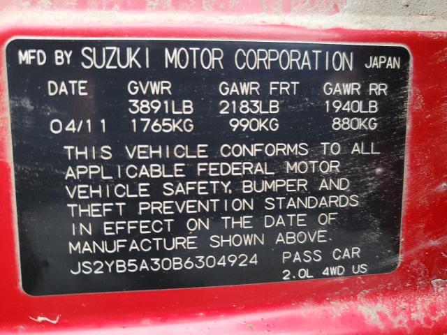 JS2YB5A30B6304924 - 2011 SUZUKI SX4 RED photo 12