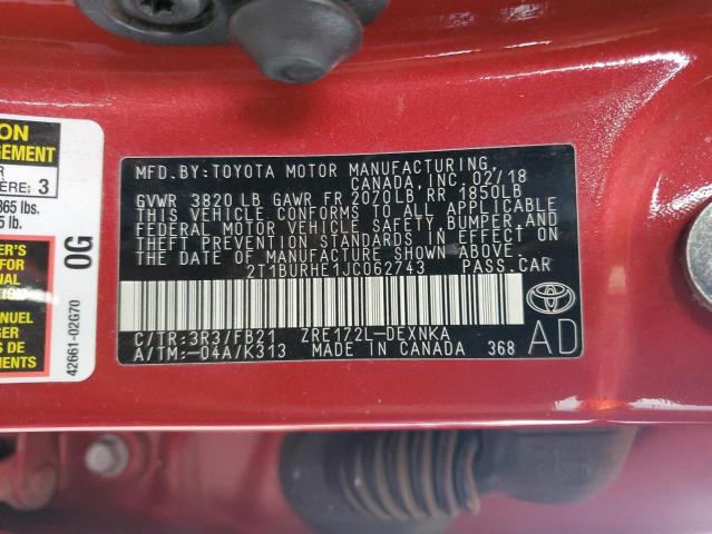 2T1BURHE1JC062743 - 2018 TOYOTA COROLLA L RED photo 12