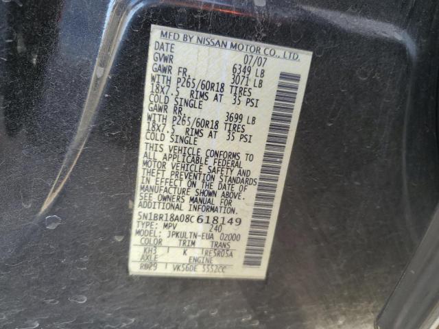 5N1BR18A08C618149 - 2008 NISSAN PATHFINDER LE BLACK photo 14