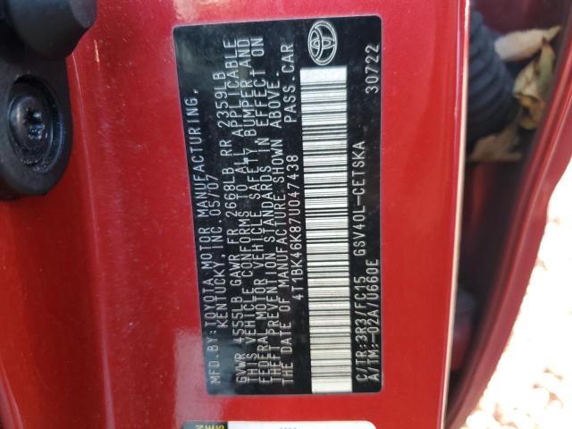 4T1BK46K87U047438 - 2007 TOYOTA CAMRY LE RED photo 12