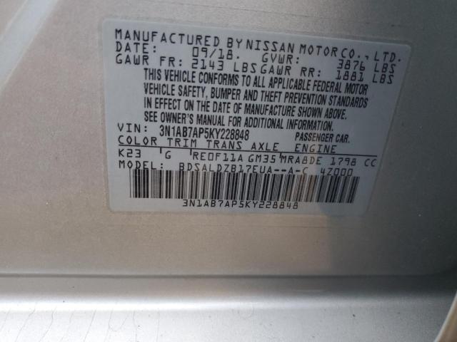 3N1AB7AP5KY228848 - 2019 NISSAN SENTRA S SILVER photo 12