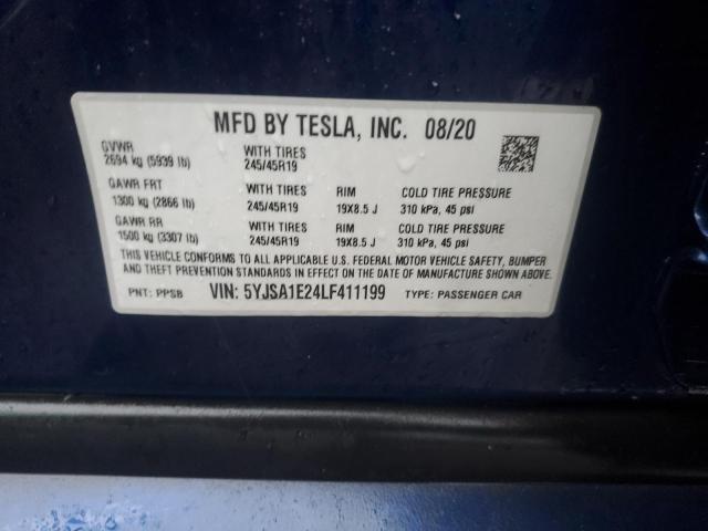 5YJSA1E24LF411199 - 2020 TESLA MODEL S BLUE photo 12