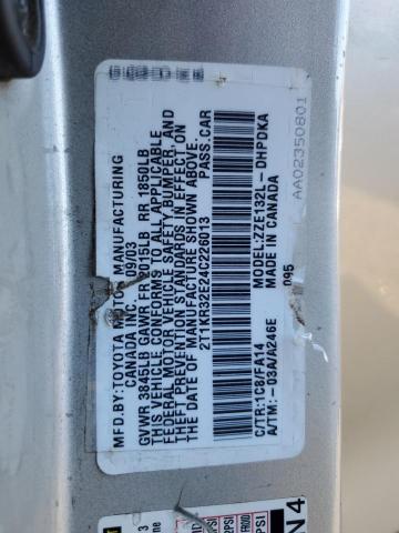 2T1KR32E24C226013 - 2004 TOYOTA COROLLA MA XR SILVER photo 13