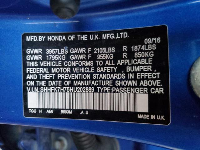 SHHFK7H75HU202889 - 2017 HONDA CIVIC EXL ლურჯი ფოტო 13