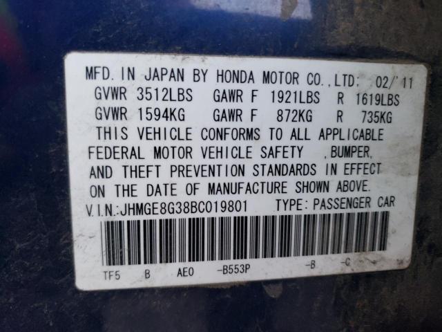 JHMGE8G38BC019801 - 2011 HONDA FIT BLUE photo 12