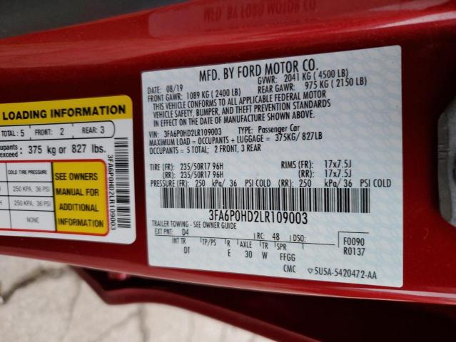 3FA6P0HD2LR109003 - 2020 FORD FUSION SE RED photo 12