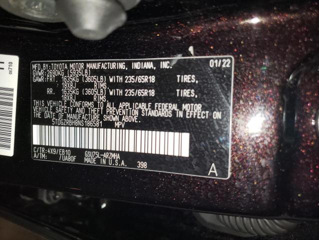 5TDGZRBH8NS186581 - 2022 TOYOTA HIGHLANDER XLE BLACK photo 12