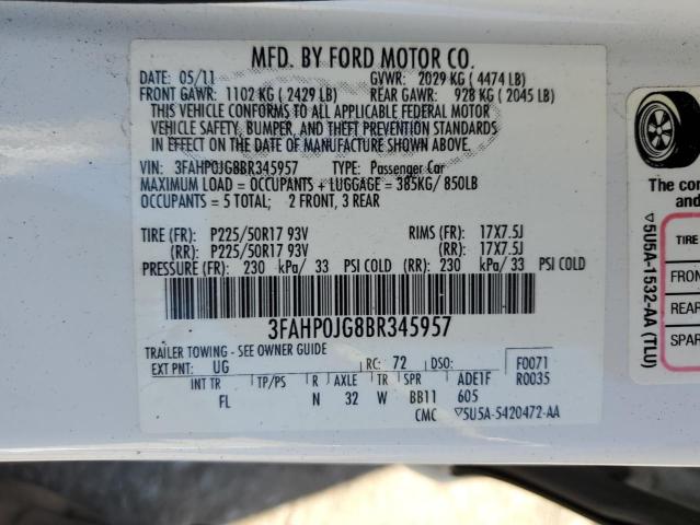 3FAHP0JG8BR345957 - 2011 FORD FUSION SEL WHITE photo 12