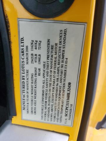 SCCPC11116HL32430 - 2006 LOTUS ELISE YELLOW photo 13