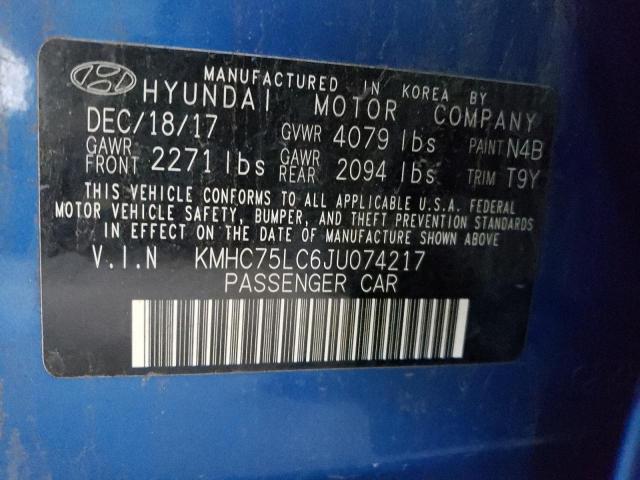 KMHC75LC6JU074217 - 2018 HYUNDAI IONIQ SEL BLUE photo 13