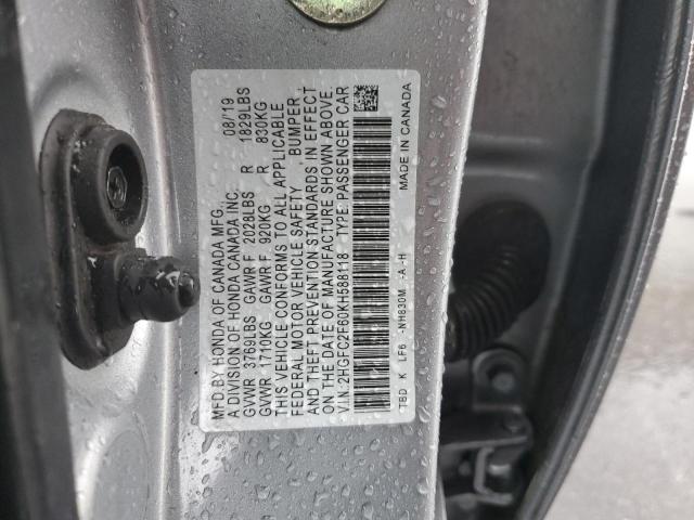 2HGFC2F60KH588118 - 2019 HONDA CIVIC LX SILVER photo 12