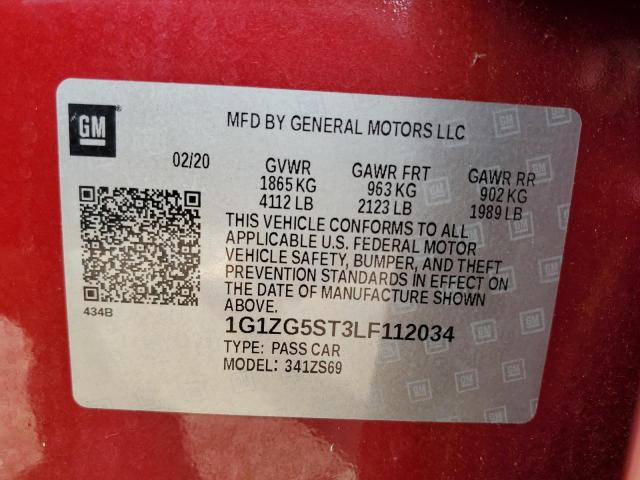 1G1ZG5ST3LF112034 - 2020 CHEVROLET MALIBU RS 勃艮第红 照片 12