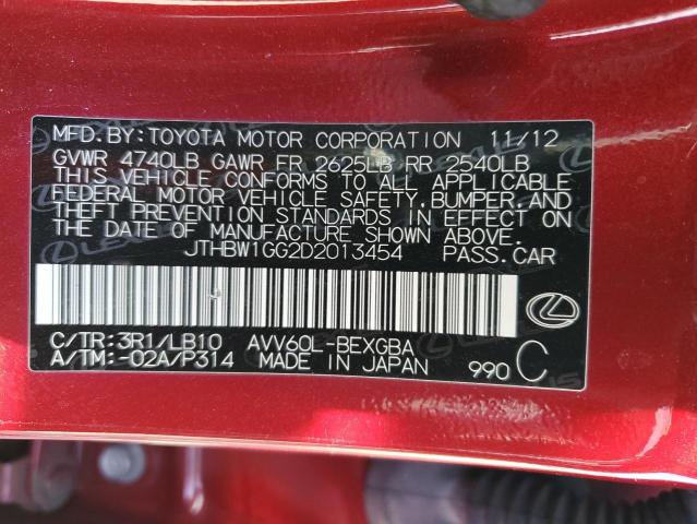 JTHBW1GG2D2013454 - 2013 LEXUS ES 300H RED photo 13