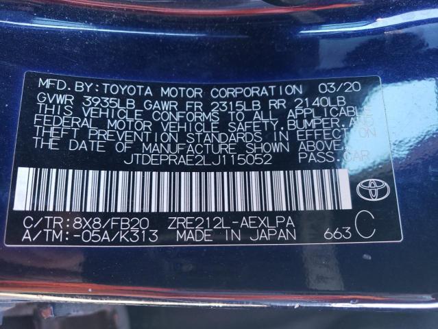 JTDEPRAE2LJ115052 - 2020 TOYOTA COROLLA LE BLUE photo 13