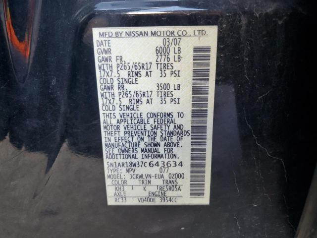 5N1AR18W37C643634 - 2007 NISSAN PATHFINDER LE BLACK photo 12