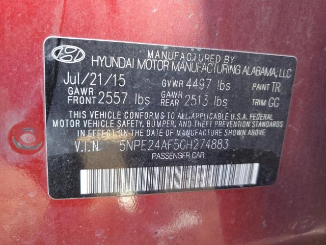 5NPE24AF5GH274883 - 2016 HYUNDAI SONATA SE RED photo 12