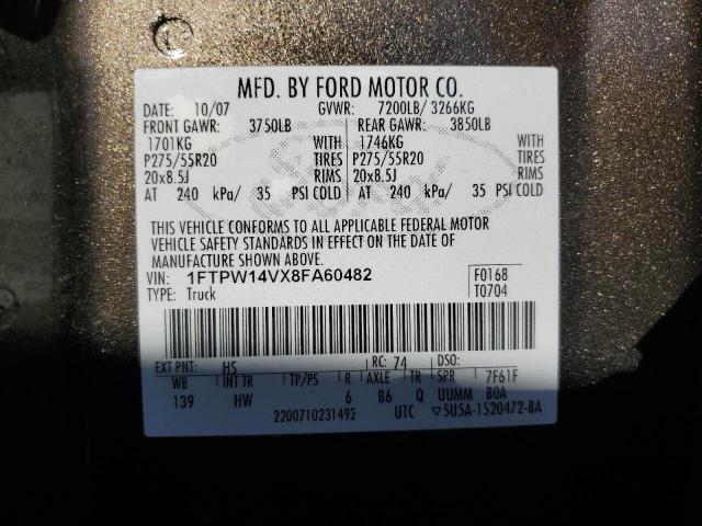 1FTPW14VX8FA60482 - 2008 FORD F150 SUPERCREW BROWN photo 12