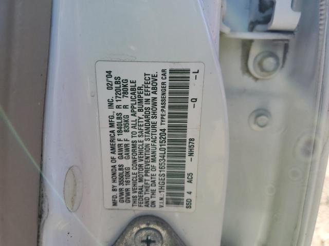 1HGES16534L015204 - 2004 HONDA CIVIC LX WHITE photo 12