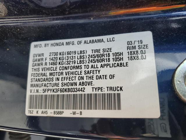 5FPYK3F60KB033442 - 2019 HONDA RIDGELINE RTL BLUE photo 12