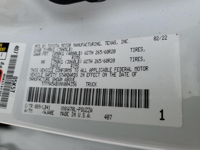 5TFMA5ABXNX004356 - 2022 TOYOTA TUNDRA CREWMAX PLATINUM Weiß Foto 12