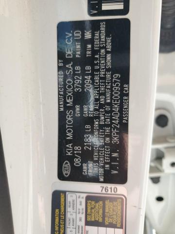 3KPF24AD4KE009579 - 2019 KIA FORTE FE WHITE photo 12