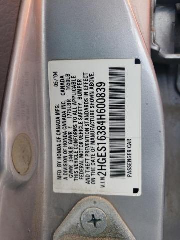 2HGES16384H600839 - 2004 HONDA CIVIC DX VP SILVER photo 12