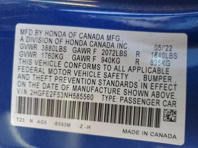 2HGFE2F53NH585560 - 2022 HONDA CIVIC SPORT 蓝色 照片 13