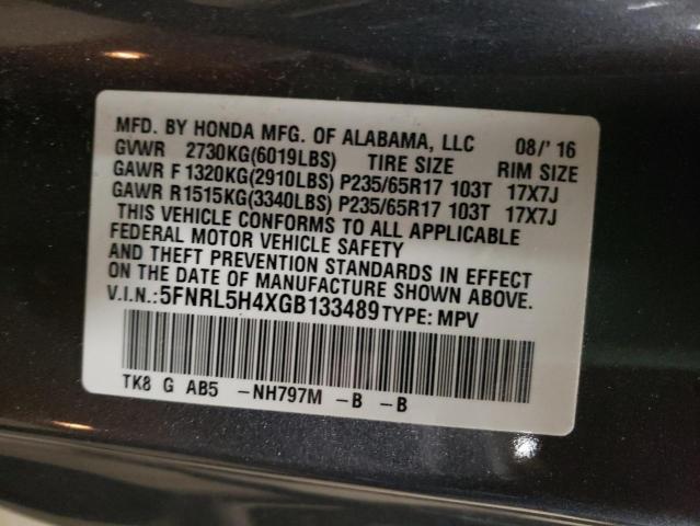 5FNRL5H4XGB133489 - 2016 HONDA ODYSSEY EX GRAY photo 13