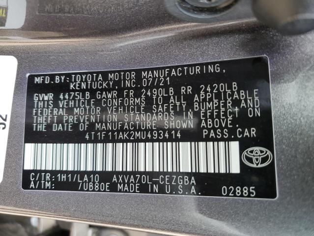 4T1F11AK2MU493414 - 2021 TOYOTA CAMRY XLE GRAY photo 12