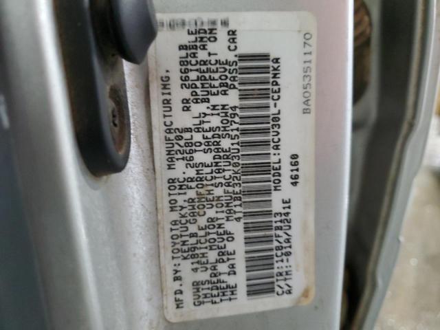 4T1BE32K03U151794 - 2003 TOYOTA CAMRY LE SILVER photo 12