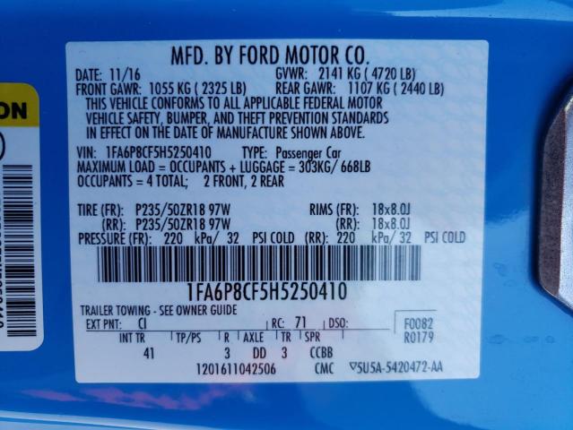 1FA6P8CF5H5250410 - 2017 FORD MUSTANG GT BLUE photo 12