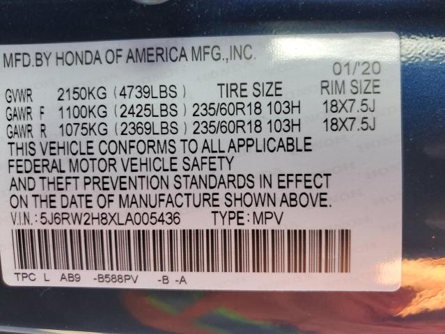 5J6RW2H8XLA005436 - 2020 HONDA CR-V EXL BLUE photo 13