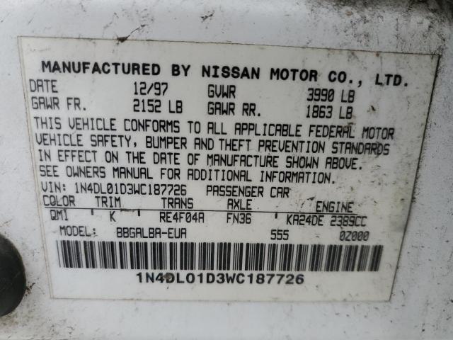 1N4DL01D3WC187726 - 1998 NISSAN ALTIMA XE WHITE photo 12