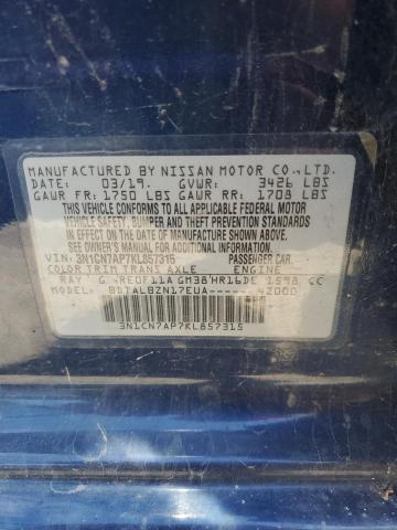 3N1CN7AP7KL857315 - 2019 NISSAN VERSA S BLUE photo 12