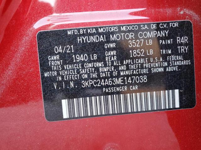 3KPC24A63ME147038 - 2021 HYUNDAI ACCENT SE RED photo 12