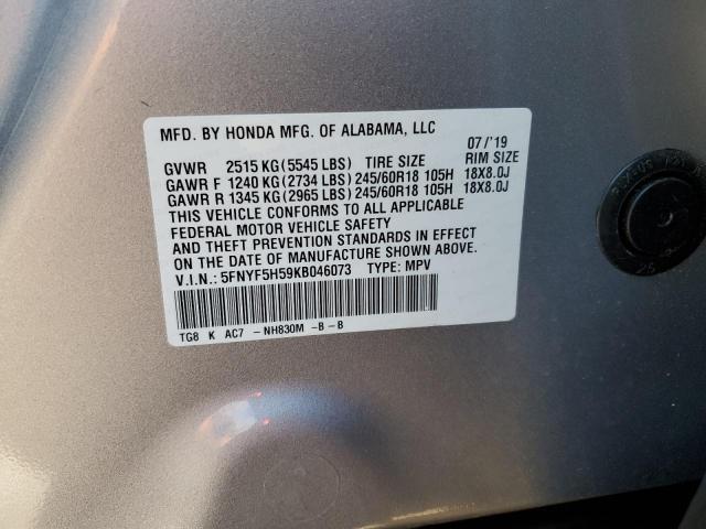 5FNYF5H59KB046073 - 2019 HONDA PILOT EXL SILVER photo 13