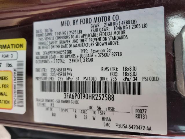 3FA6P0T90HR252588 - 2017 FORD FUSION SE BURGUNDY photo 12