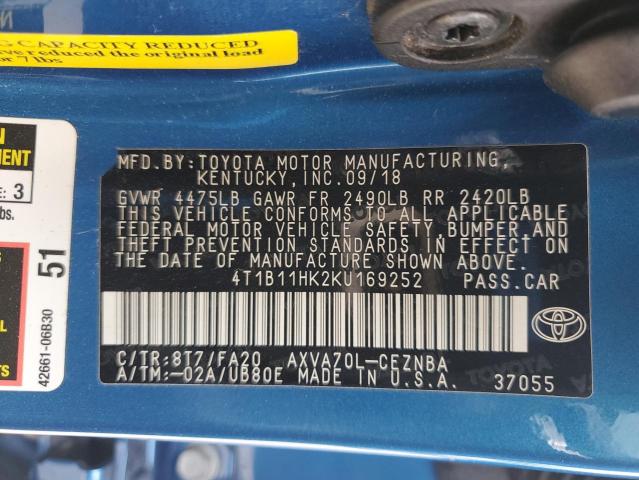 4T1B11HK2KU169252 - 2019 TOYOTA CAMRY L BLUE photo 12