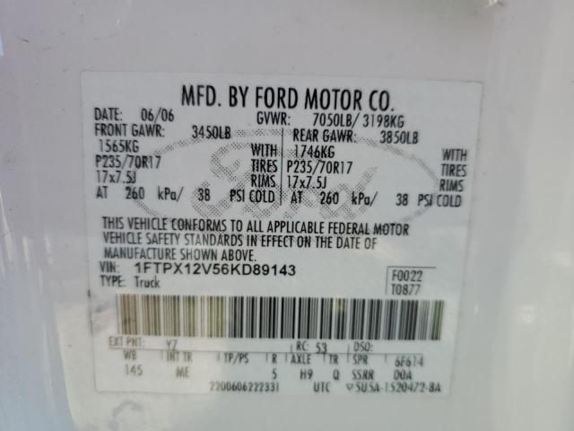 1FTPX12V56KD89143 - 2006 FORD F150 WHITE photo 12