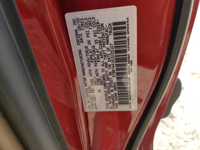 5TBBT44191S135107 - 2001 TOYOTA TUNDRA ACCESS CAB წითელი ფოტო 12