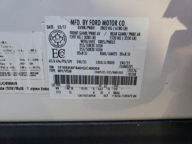 1FM5K8F84HGC49069 - 2017 FORD EXPLORER LIMITED WHITE photo 12