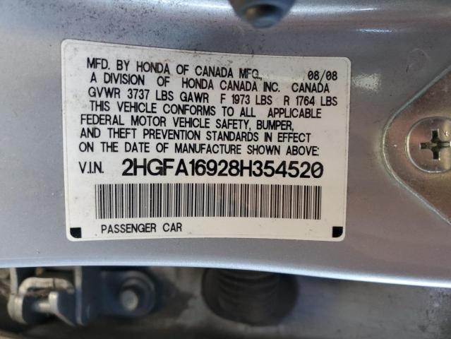 2HGFA16928H354520 - 2008 HONDA CIVIC EXL ვერცხლისფერი ფოტო 12