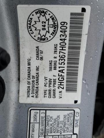 2HGFA15367H043409 - 2007 HONDA CIVIC DX SILVER photo 12