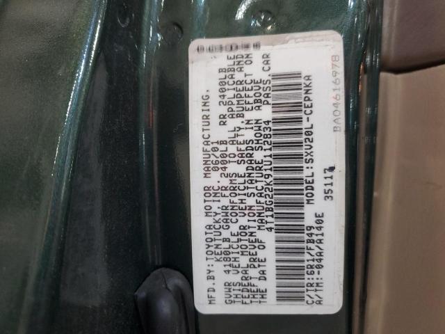 4T1BG22K91U112834 - 2001 TOYOTA CAMRY CE GREEN photo 12