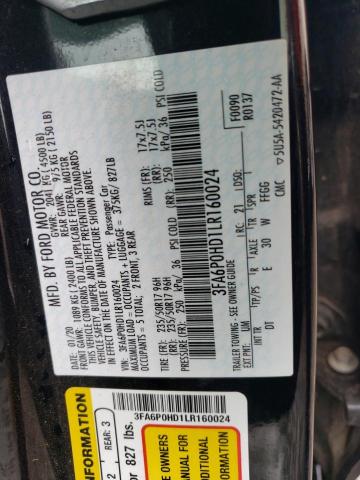 3FA6P0HD1LR160024 - 2020 FORD FUSION SE BLACK photo 12