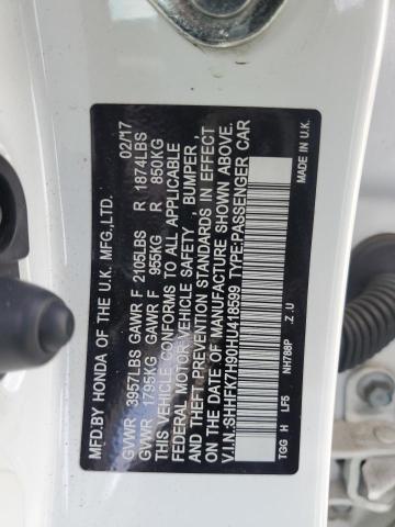 SHHFK7H90HU418599 - 2017 HONDA CIVIC SPORT TOURING WHITE photo 12