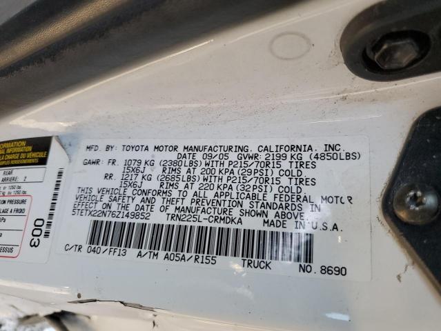 5TETX22N76Z149852 - 2006 TOYOTA TACOMA ACCESS CAB Ақ фото 12
