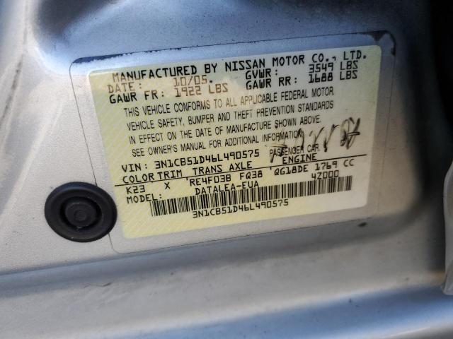 3N1CB51D46L490575 - 2006 NISSAN SENTRA 1.8 SILVER photo 12