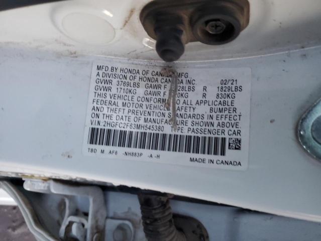 2HGFC2F63MH545380 - 2021 HONDA CIVIC LX WHITE photo 12